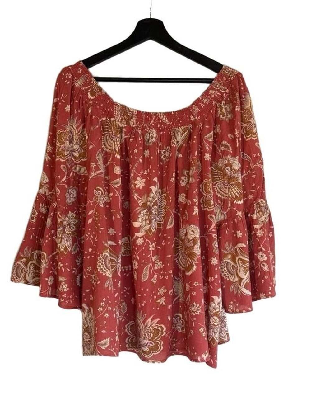 Chaps Floral Bell Sleeve Peasant Blouse 100% Cotton Rust/Orange Boho India - Picture 3 of 9
